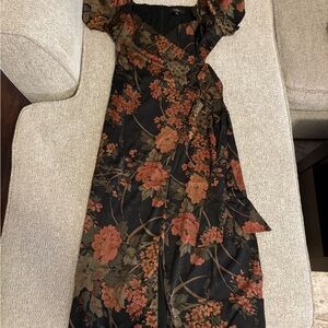 Lulus Subtle Elegance Black Floral Print Faux Wrap Midi Dress